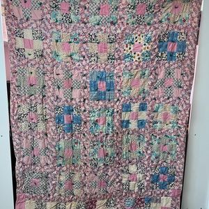 Vintage Pink Patchwork Square Quilt 52" x 72" DIY Upcycle Craft Fabric homemade
